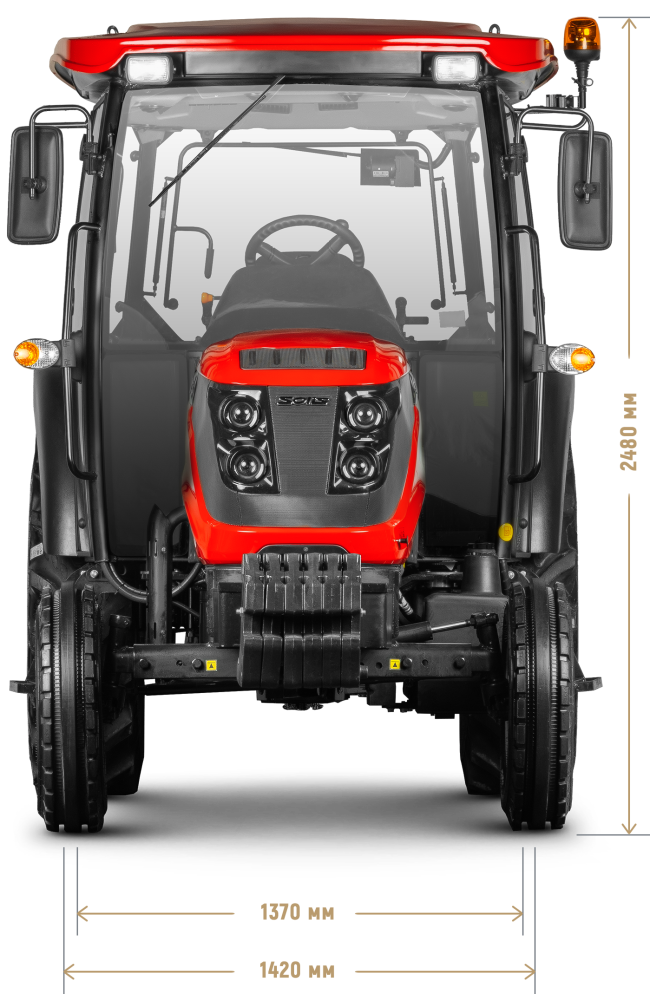 Трактор Solis-Gold | Солис-Голд 50С A/С 4×2 8+2 Radial agri 6.5-16 / 13.6-28 (с ПСМ) — габариты, вид спереди