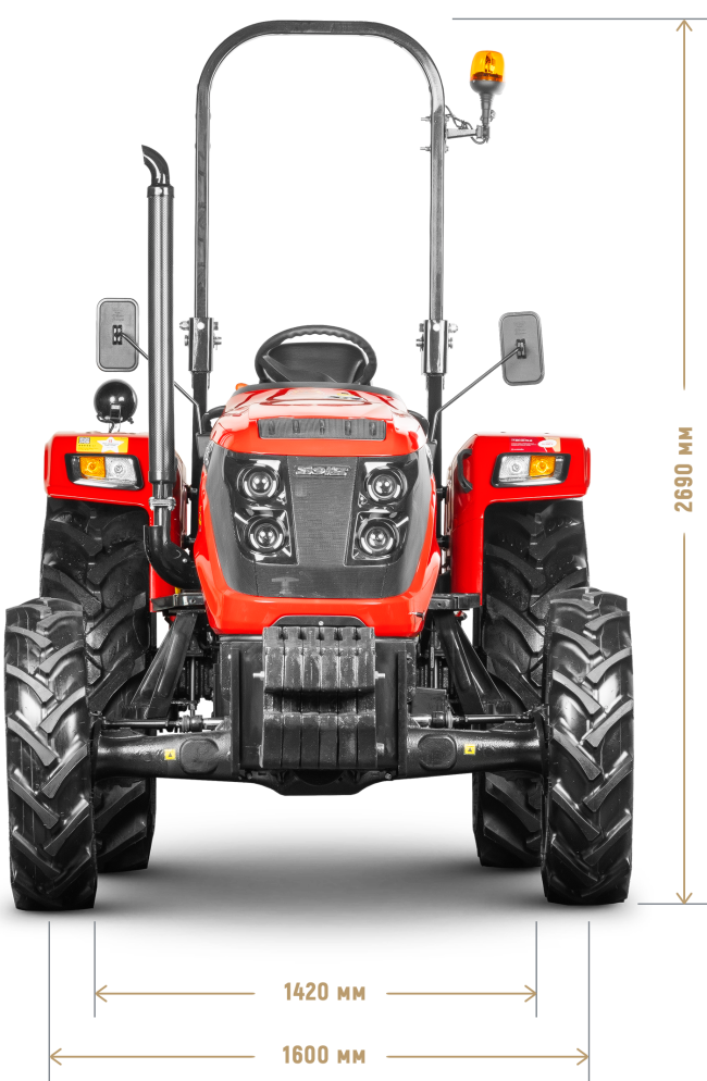 Трактор Solis-Gold | Солис-Голд 50 4×4 12+12 Radial agri 250-85R20 / 340-85R28 (с ПСМ) — габариты, вид спереди