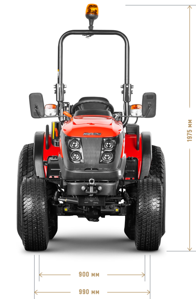 Трактор Solis-Gold | Солис-Голд 26 Mit 4×4 6+2 Turf 25х8,5-14 / 13,6х16 (с ПСМ) — габариты, вид спереди