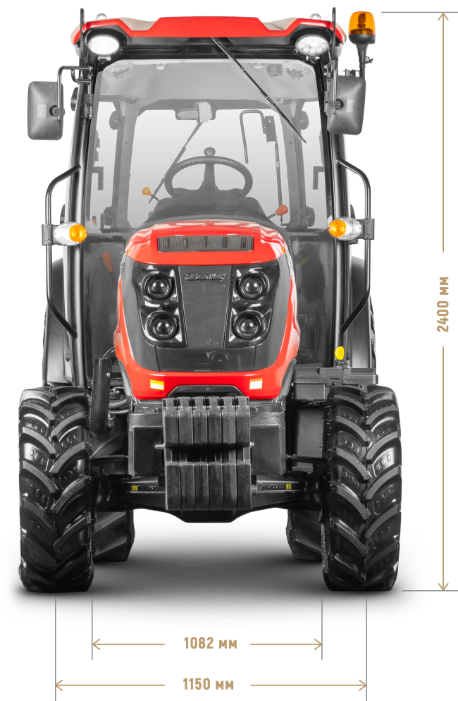 Трактор Solis-Gold | Солис-Голд 60GС A/С 4×4 12+12 Carraro Radial аgri 280-70R18 / 360-70R28 (с ПСМ) — габариты, вид спереди
