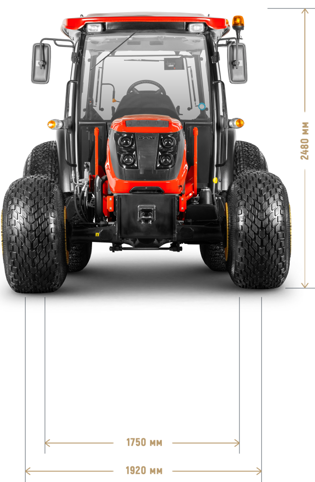 Трактор Solis-Gold | Солис-Голд 50С A/С 4×4 8+2 Turf 660/60-21LT / 1050×450-18LT (с ПСМ) — габариты, вид спереди